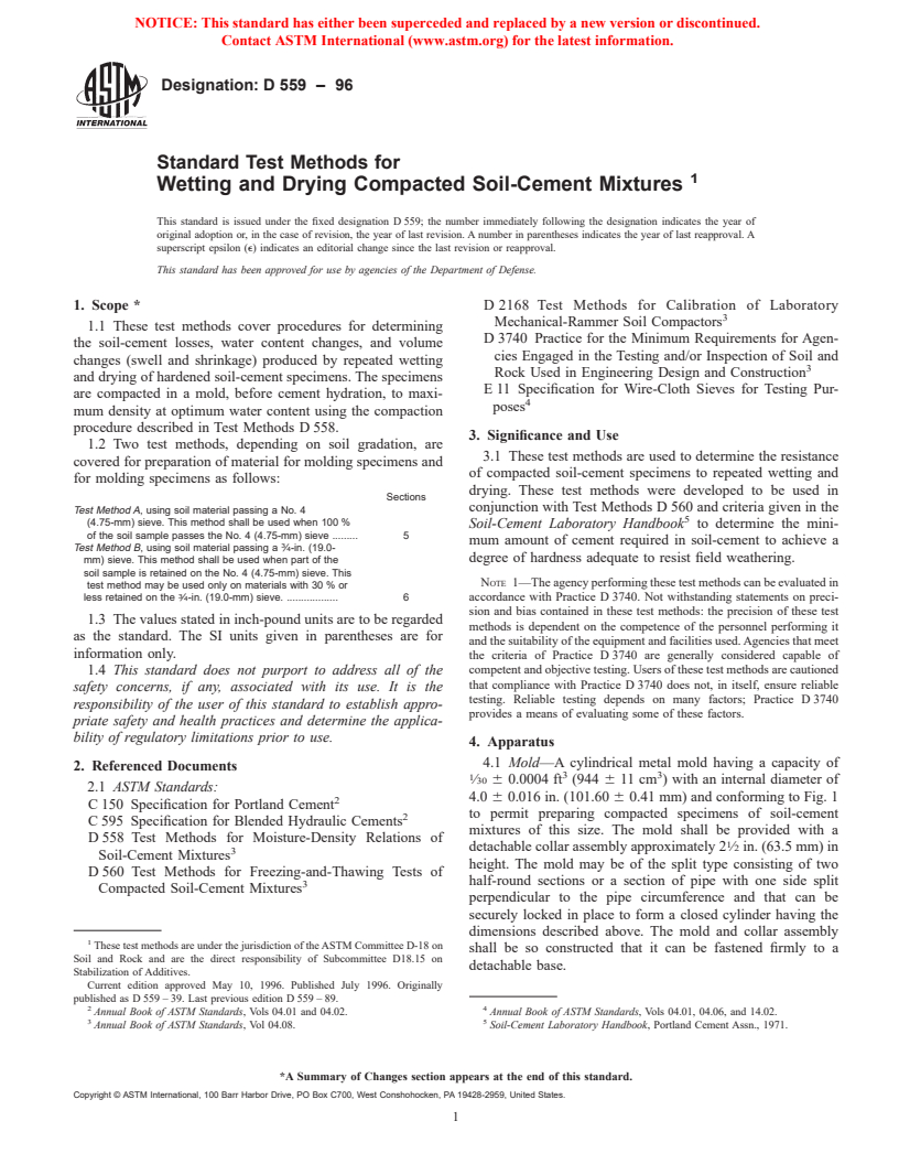 ASTM D559-96 - Standard Test Methods for Wetting and Drying Compacted Soil-Cement Mixtures