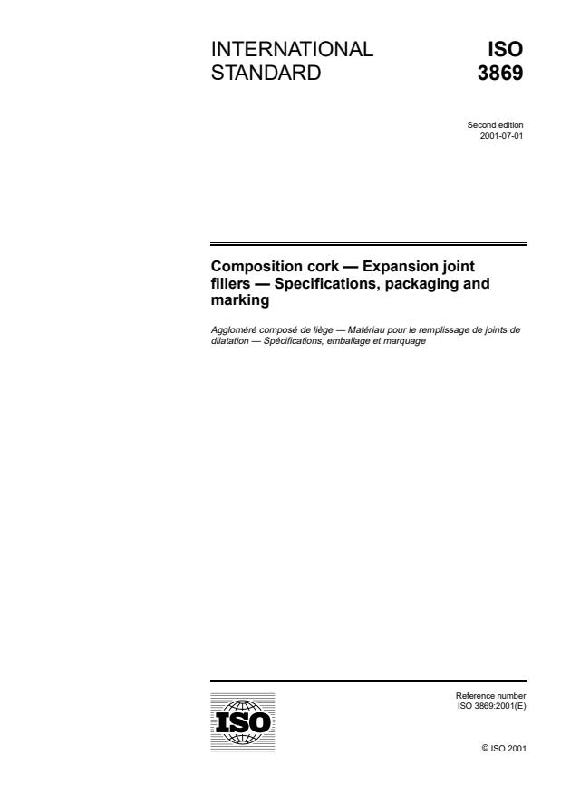 ISO 3869:2001 - Composition cork -- Expansion joint fillers -- Specifications, packaging and marking
