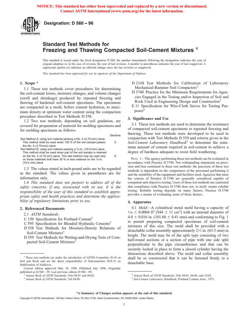 ASTM D560-96 - Standard Test Methods for Freezing and Thawing Compacted Soil-Cement Mixtures