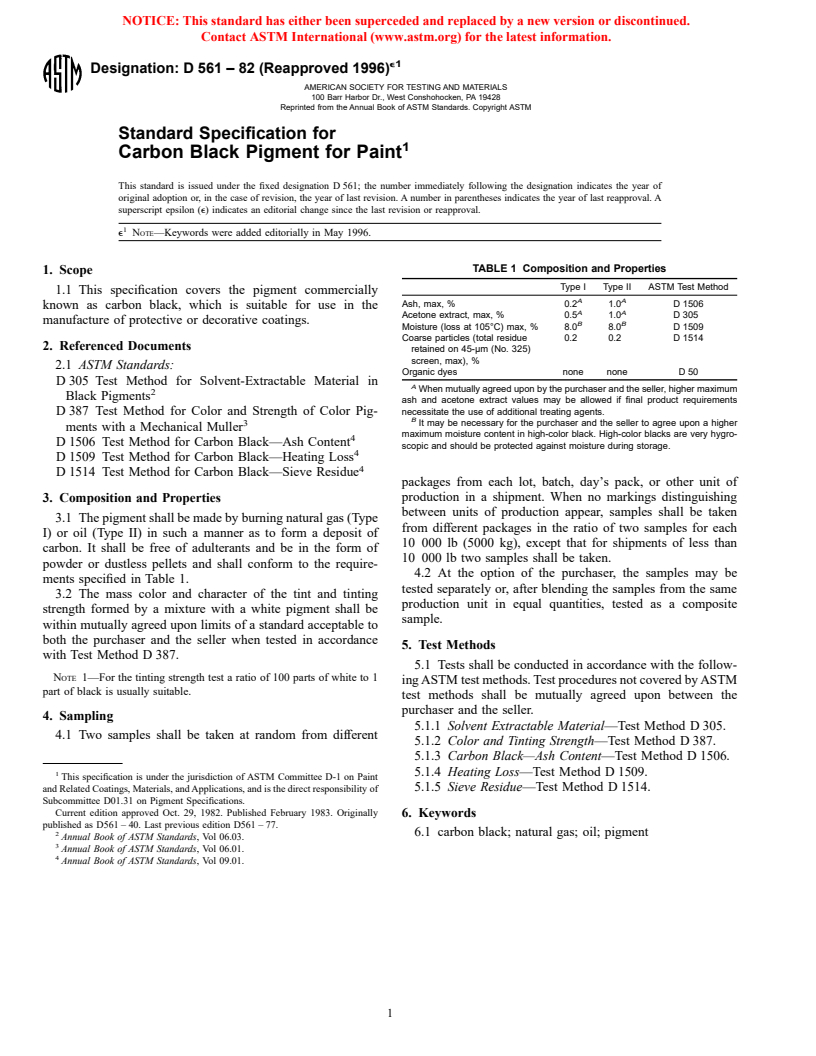 ASTM D561-82(1996)e1 - Standard Specification for Carbon Black Pigment for Paint