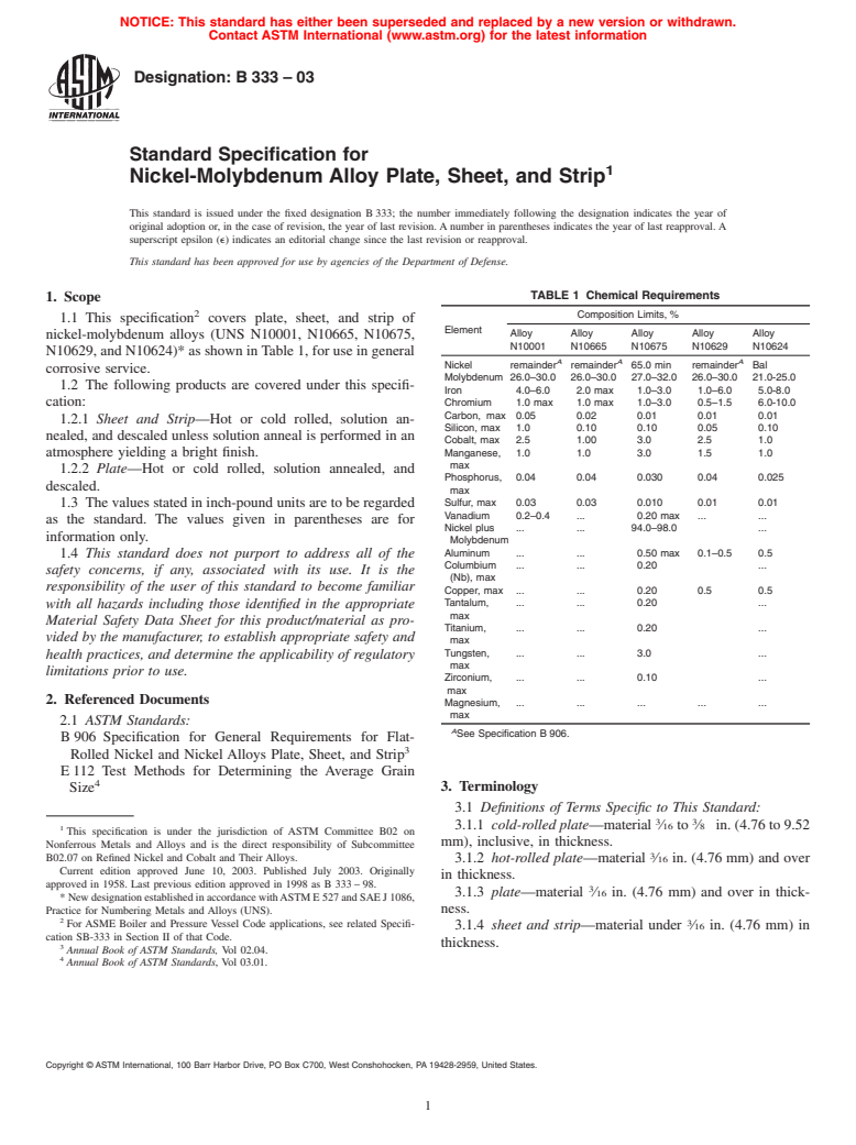 ASTM B333-03 - Standard Specification for Nickel-Molybdenum Alloy Plate, Sheet, and Strip