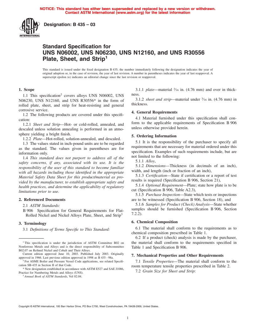 ASTM B435-03 - Standard Specification for UNS N06002, UNS N06230, UNS N12160, and UNS R30556 Plate, Sheet, and Strip