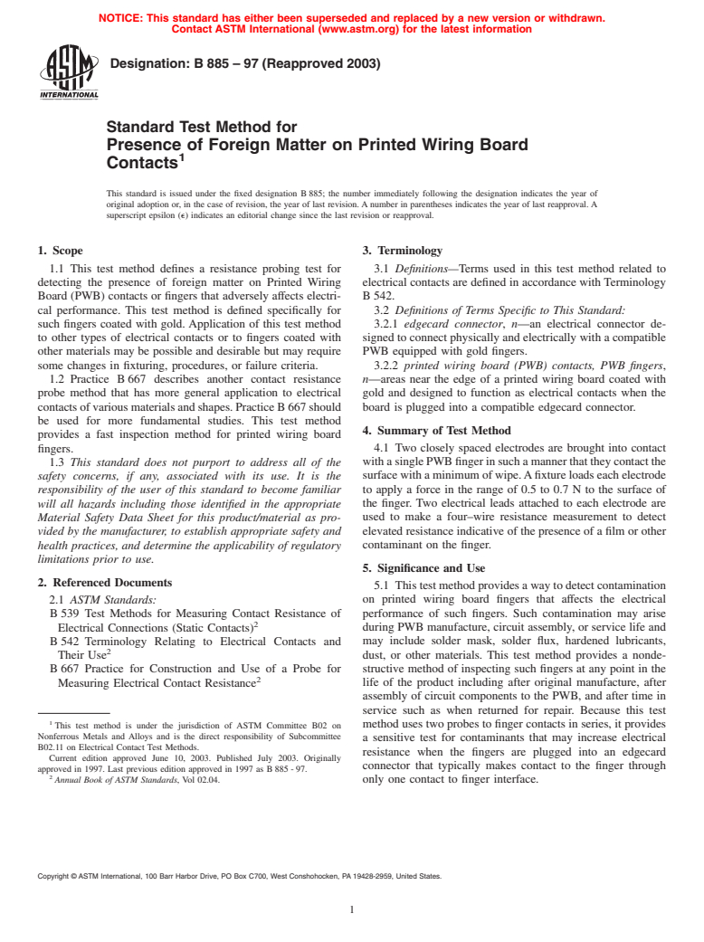 ASTM B885-97(2003) - Standard Test Method for Presence of Foreign Matter on Printed Wiring Board Contacts