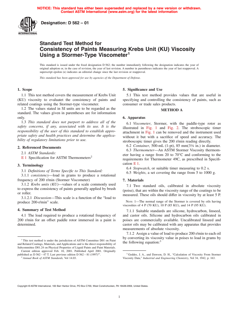 ASTM D562-01 - Standard Test Method for Consistency of Paints Measuring Krebs Unit (KU) Viscosity Using a Stormer-Type Viscometer