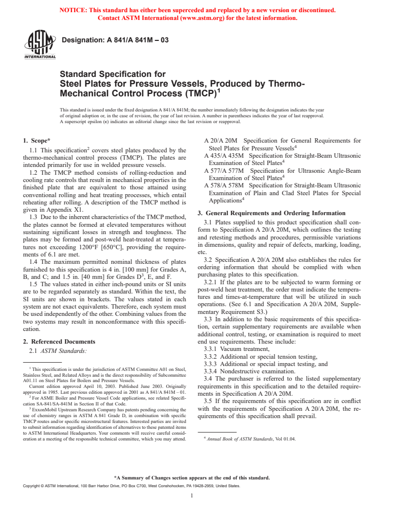 ASTM A841/A841M-03 - Standard Specification for Steel Plates for Pressure Vessels, Produced by Thermo-Mechanical Control Process (TMCP)