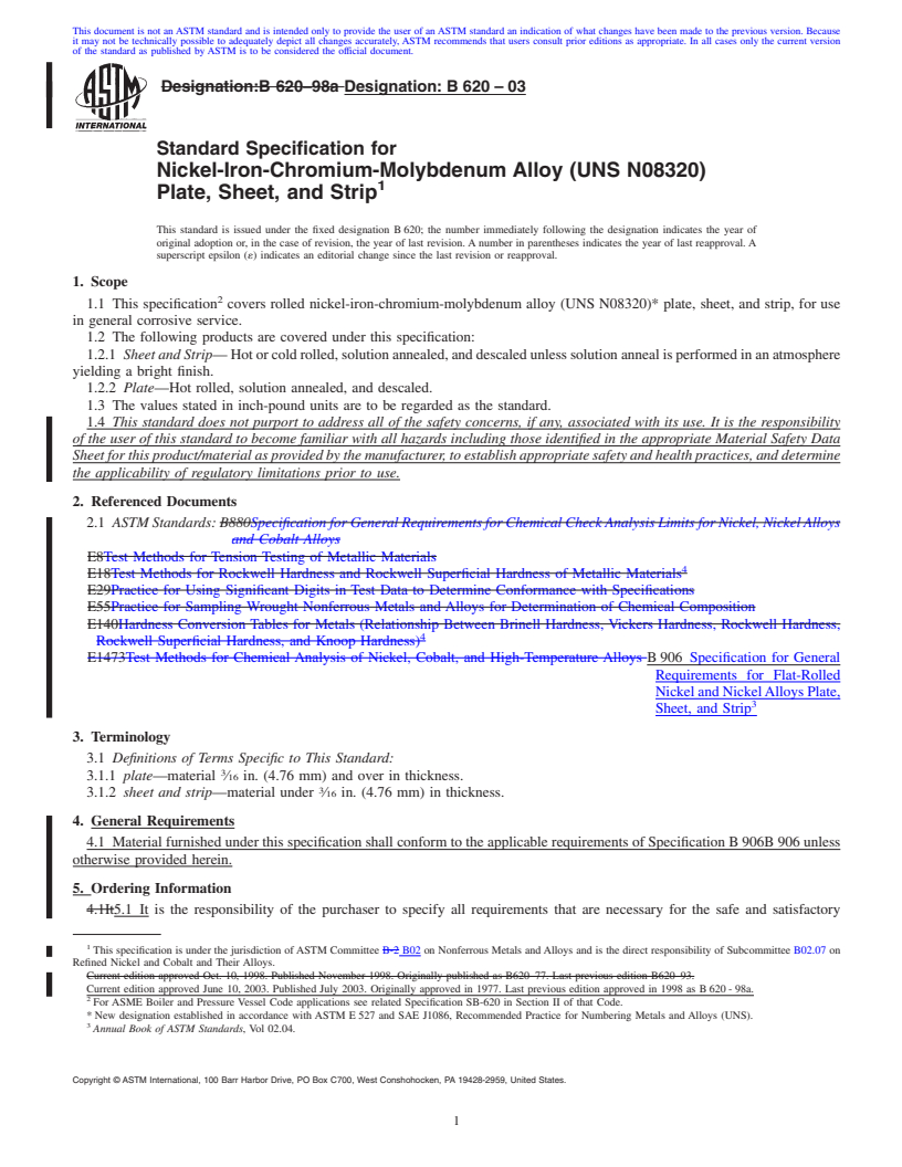 REDLINE ASTM B620-03 - Standard Specification for Nickel-Iron-Chromium-Molybdenum Alloy (UNS N08320) Plate, Sheet, and Strip