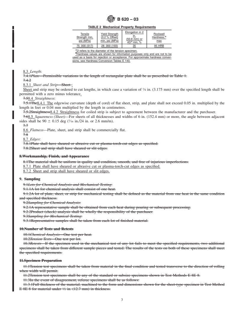 REDLINE ASTM B620-03 - Standard Specification for Nickel-Iron-Chromium-Molybdenum Alloy (UNS N08320) Plate, Sheet, and Strip