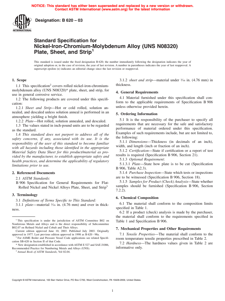 ASTM B620-03 - Standard Specification for Nickel-Iron-Chromium-Molybdenum Alloy (UNS N08320) Plate, Sheet, and Strip