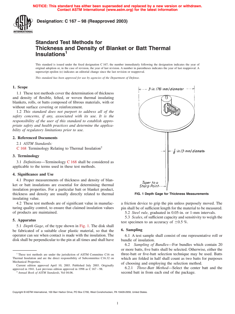 ASTM C167-98(2003) - Standard Test Methods for Thickness and Density of Blanket or Batt Thermal Insulations