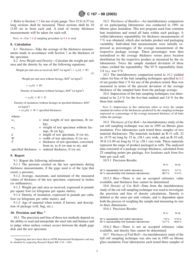 ASTM C167-98(2003) - Standard Test Methods for Thickness and Density of Blanket or Batt Thermal Insulations