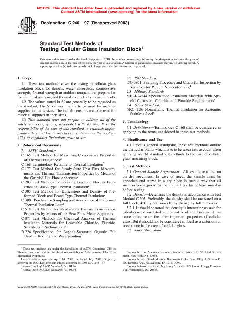 ASTM C240-97(2003) - Standard Test Methods of Testing Cellular Glass Insulation Block