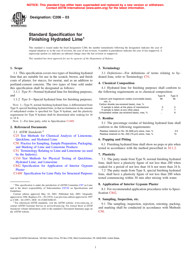 ASTM C206-03 - Standard Specification for Finishing Hydrated Lime