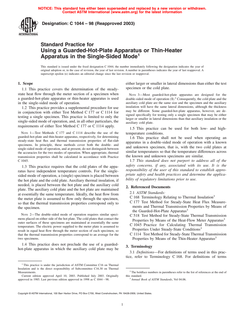 ASTM C1044-98(2003) - Standard Practice for Using a Guarded-Hot-Plate Apparatus or Thin-Heater Apparatus in the Single-Sided Mode