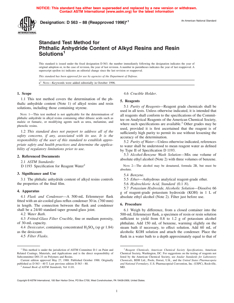ASTM D563-88(1996)e1 - Standard Test Method for Phthalic Anhydride Content of Alkyd Resins and Resin Solutions (Withdrawn 2004)