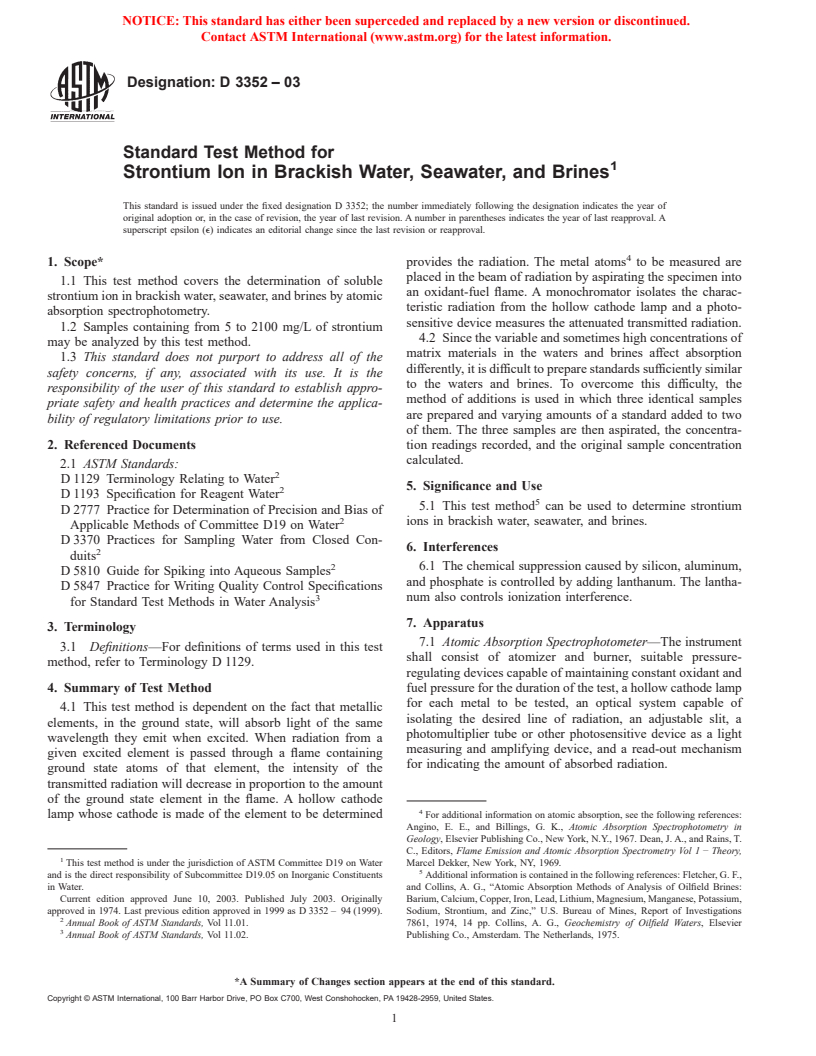 ASTM D3352-03 - Standard Test Method for Strontium Ion in Brackish Water, Seawater, and Brines