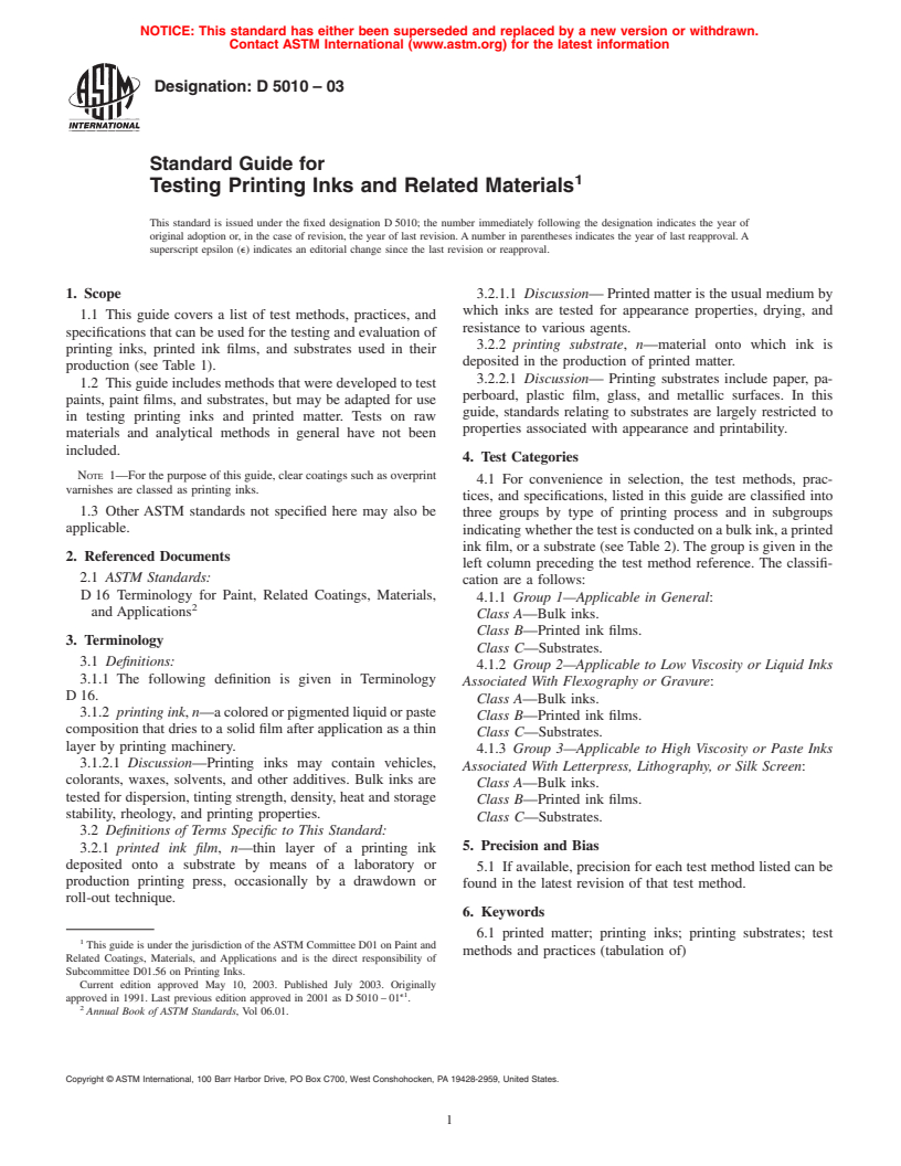 ASTM D5010-03 - Standard Guide for Testing Printing Inks and Related Materials