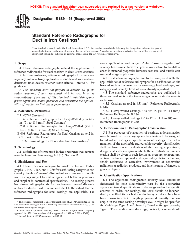 ASTM E689-95(2003) - Standard Reference Radiographs for Ductile Iron Castings