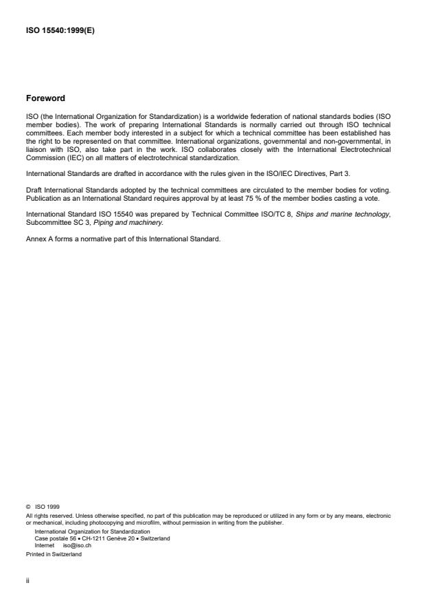 ISO 15540:1999 ISO 15540:1999 - Ships and marine technology -- Fire resistance of hose assemblies -- Test methods - Page 2 preview