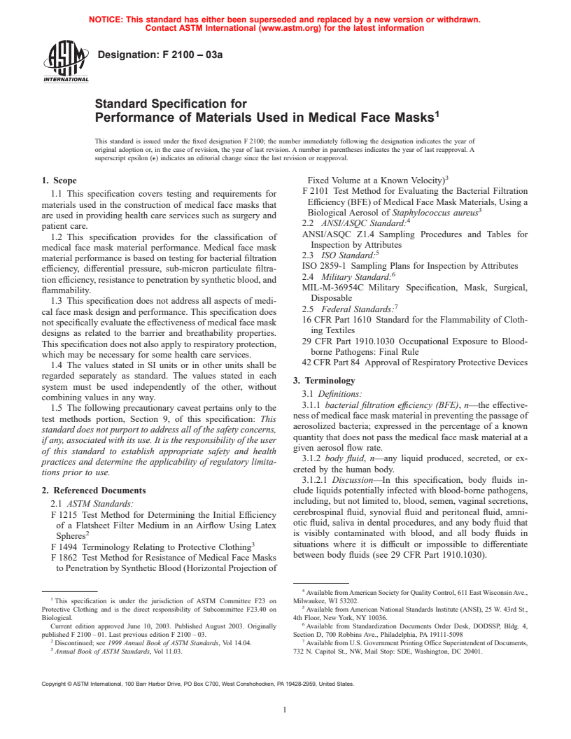 ASTM F2100-03a - Standard Specification for Performance of Materials Used in Medical Face Masks