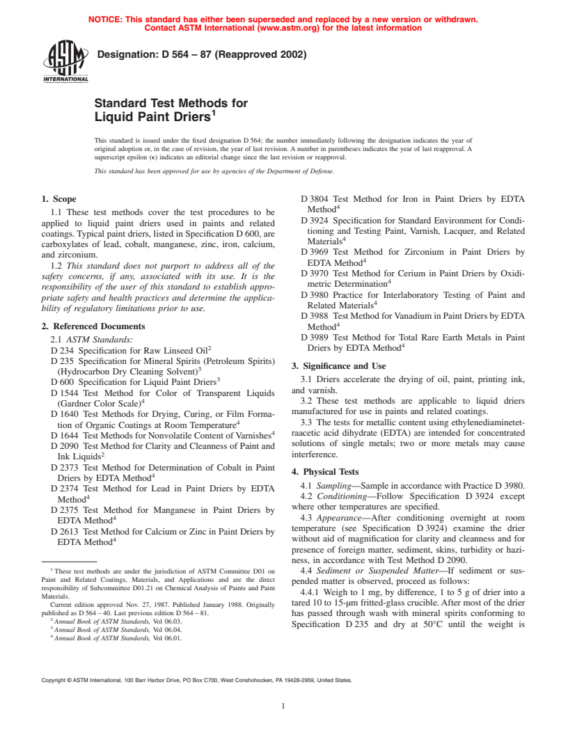 ASTM D564-87(2002) - Standard Test Methods for Liquid Paint Driers