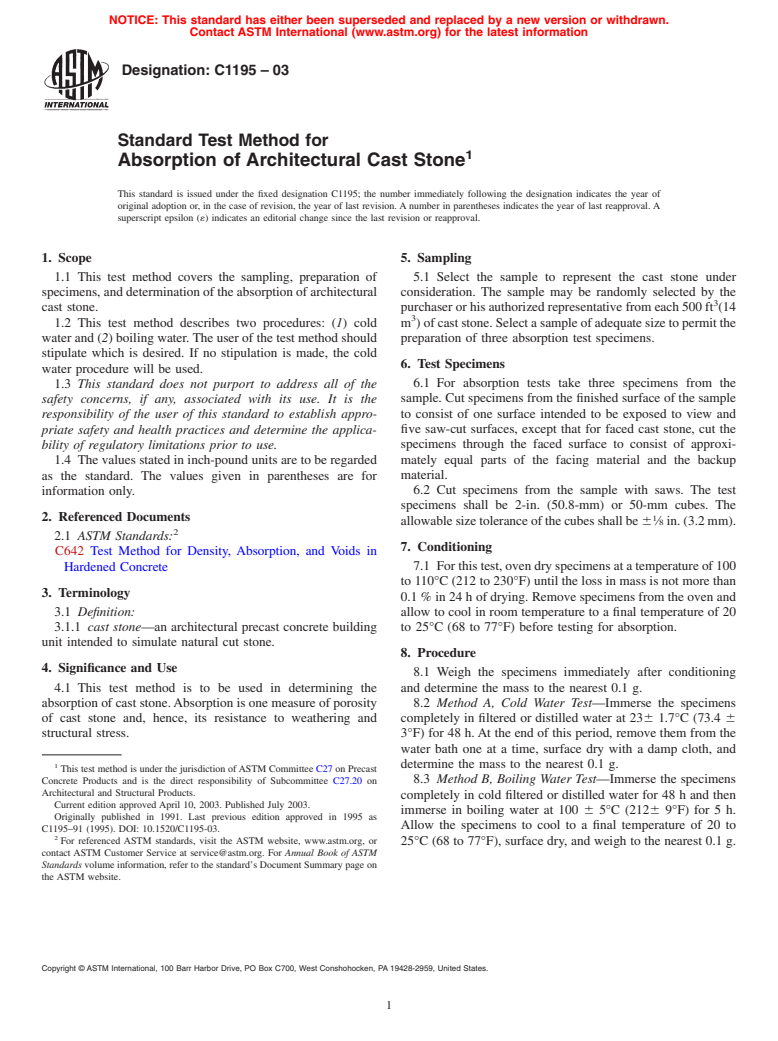 ASTM C1195-03 - Standard Test Method for Absorption of Architectural Cast Stone