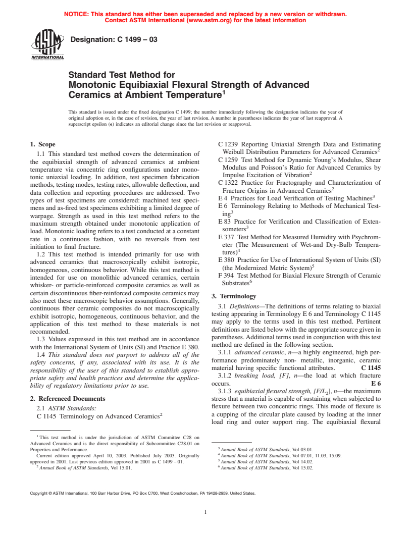 ASTM C1499-03 - Standard Test Method for Monotonic Equibiaxial Flexural Strength of Advanced Ceramics at Ambient Temperature