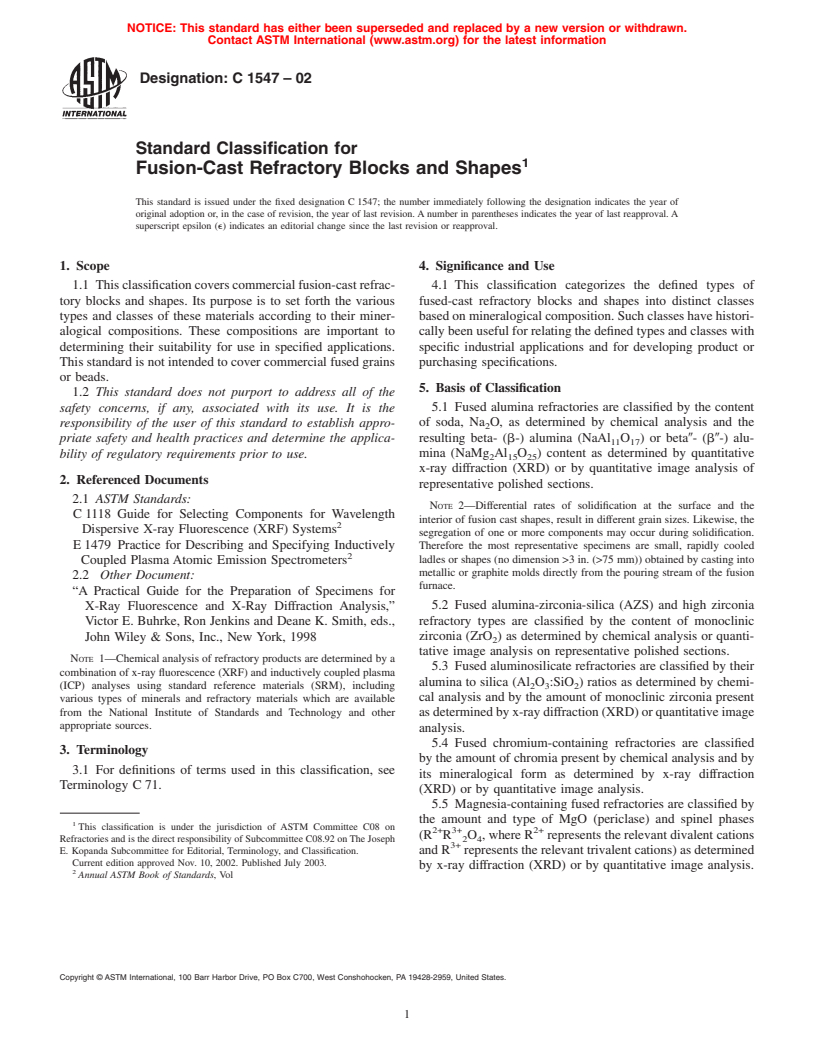 ASTM C1547-02 - Standard Classification for Fusion-Cast Refractory Blocks and Shapes