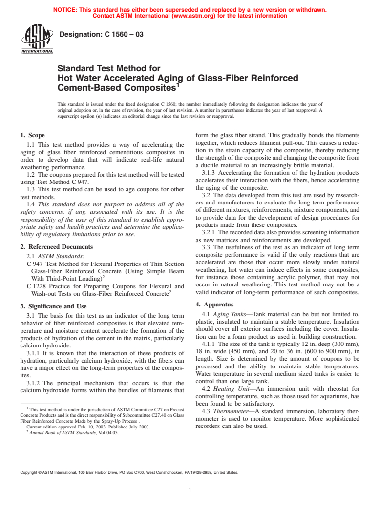 ASTM C1560-03 - Standard Test Method for Hot Water Accelerated Aging of Glass-Fiber Reinforced Cement-Based Composites