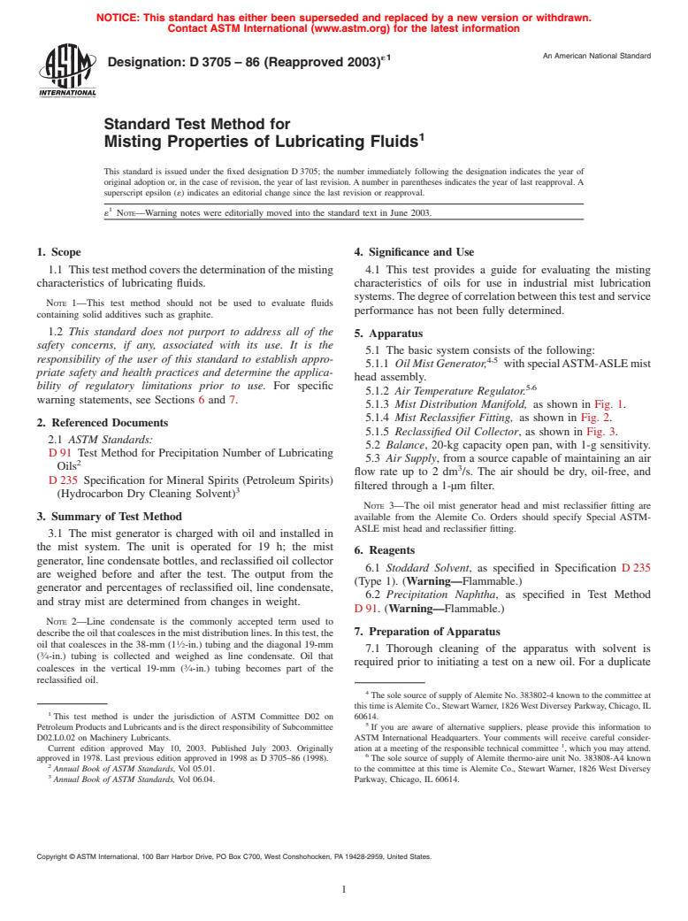 ASTM D3705-86(2003)e1 - Standard Test Method for Misting Properties of Lubricating Fluids