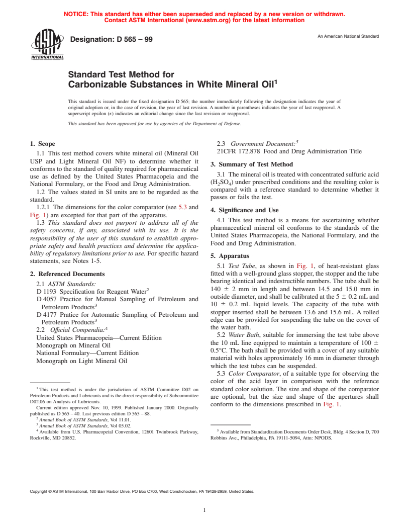 ASTM D565-99 - Standard Test Method for Carbonizable Substances in White Mineral Oil