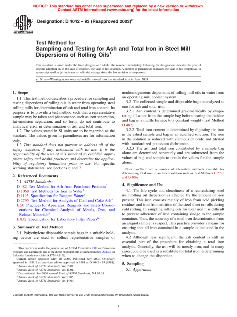 ASTM D4042-93(2003)e1 - Test Method for Sampling and Testing for Ash and Total Iron in Steel Mill Dispersions of Rolling Oils