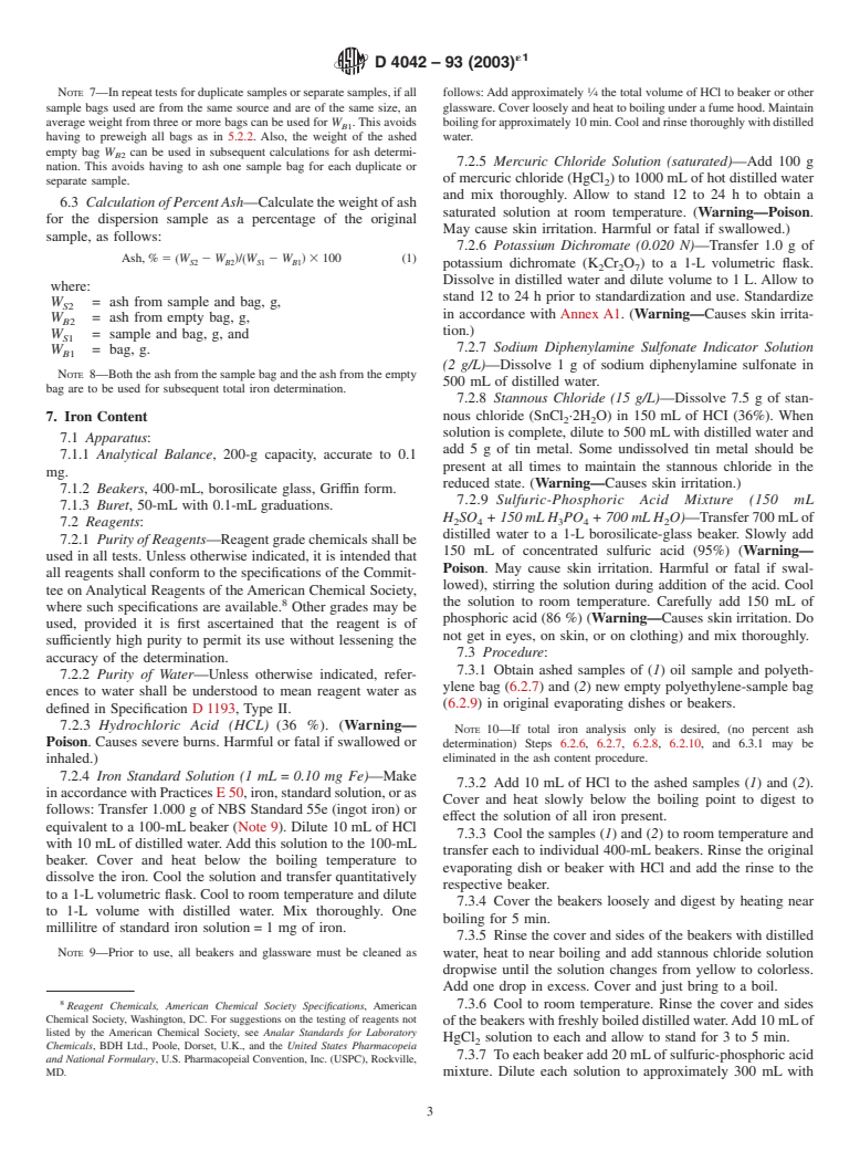 ASTM D4042-93(2003)e1 - Test Method for Sampling and Testing for Ash and Total Iron in Steel Mill Dispersions of Rolling Oils