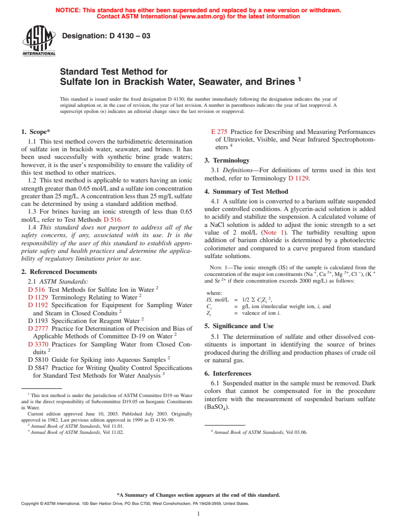 ASTM D4130-03 - Standard Test Method for Sulfate Ion in Brackish Water, Seawater, and Brines