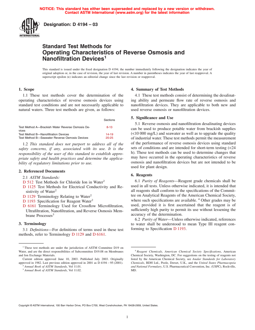 ASTM D4194-03 - Standard Test Methods for Operating Characteristics of Reverse Osmosis and Nanofiltration Devices