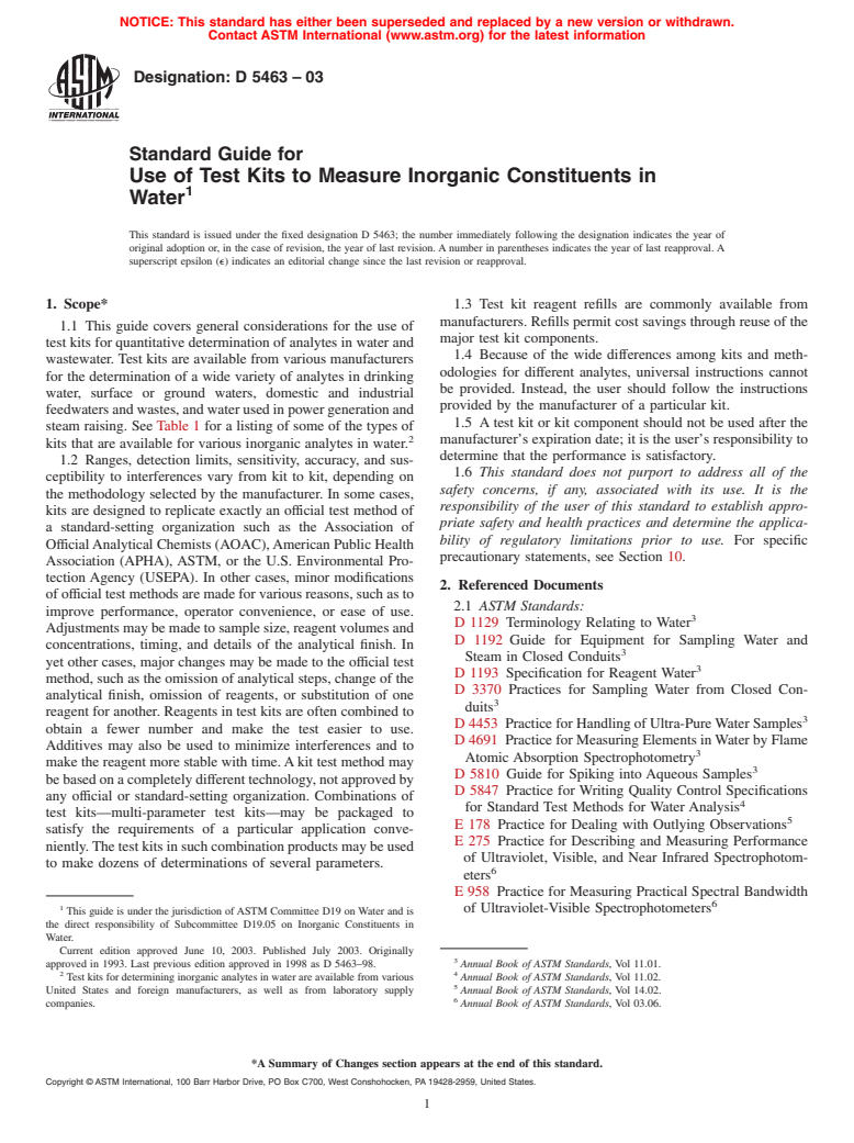 ASTM D5463-03 - Standard Guide for Use of Test Kits to Measure Inorganic Constituents in Water