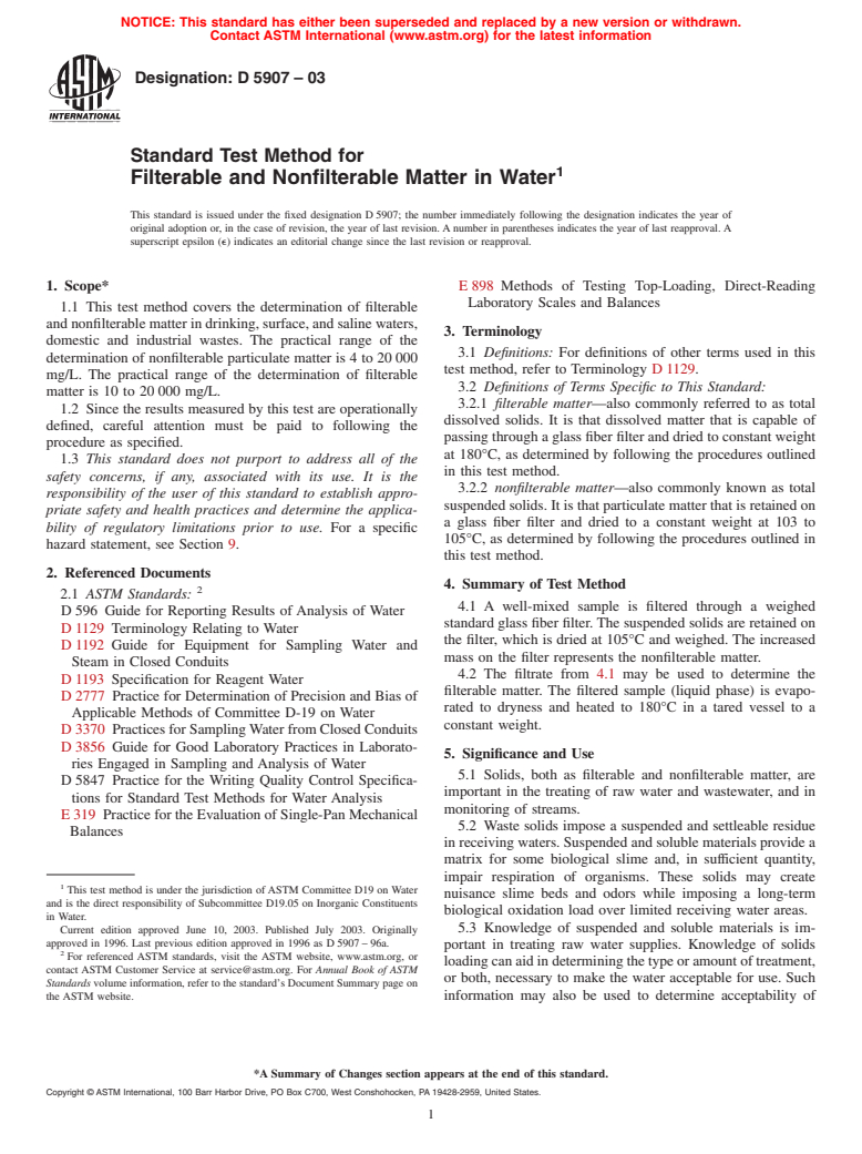 ASTM D5907-03 - Standard Test Method for Filterable and Nonfilterable Matter in Water