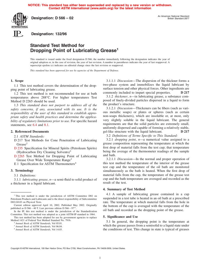 ASTM D566-02 - Standard Test Method for Dropping Point of Lubricating Grease