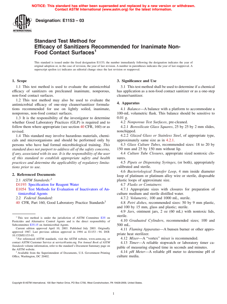 ASTM E1153-03 - Standard Test Method for Efficacy of Sanitizers Recommended for Inanimate Non-Food Contact Surfaces