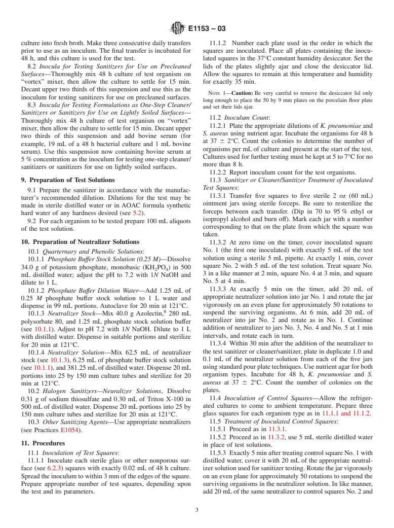 ASTM E1153-03 - Standard Test Method for Efficacy of Sanitizers Recommended for Inanimate Non-Food Contact Surfaces