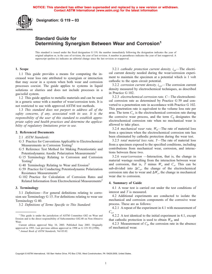 ASTM G119-03 - Standard Guide for Determining Synergism Between Wear and Corrosion