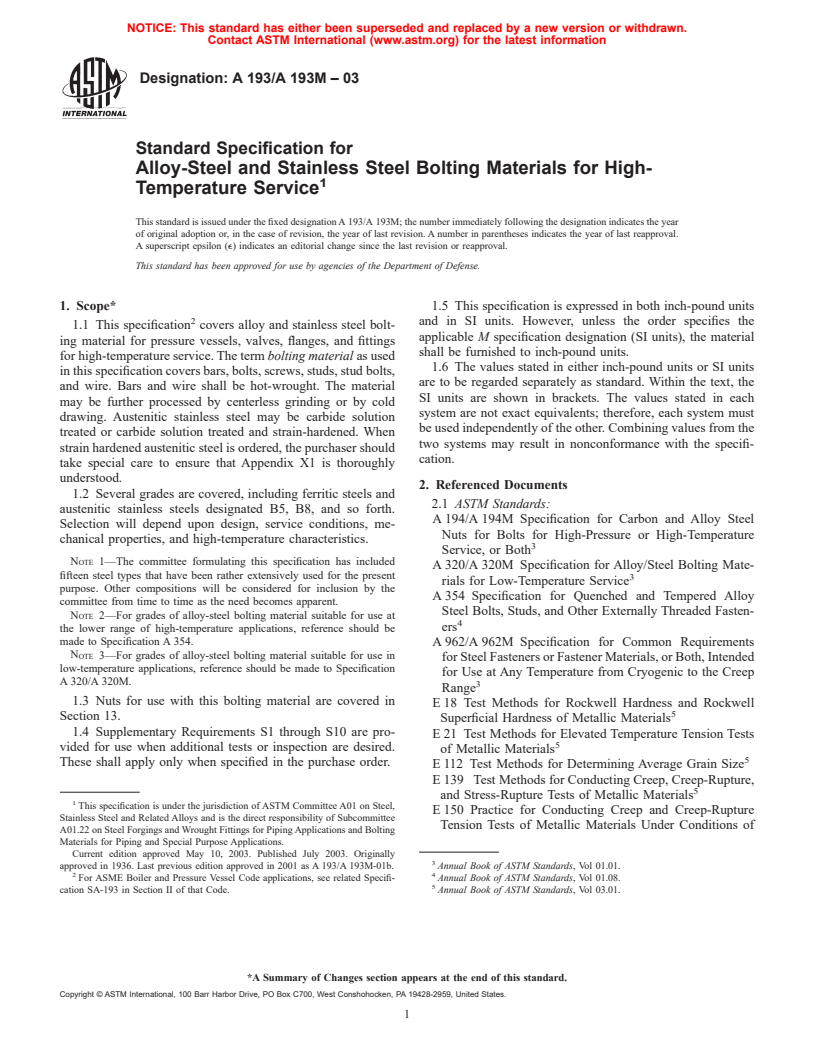 ASTM A193/A193M-03 - Standard Specification for Alloy-Steel and Stainless Steel Bolting Materials for High-Temperature Service