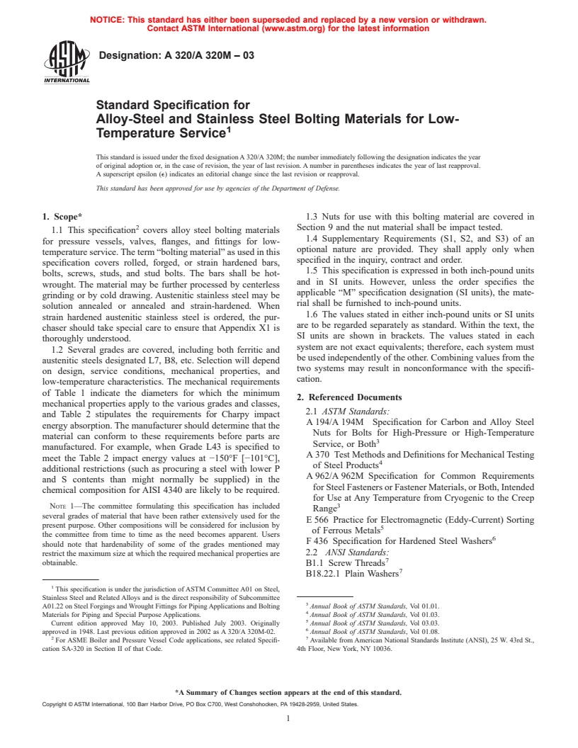 ASTM A320/A320M-03 - Standard Specification for Alloy-Steel Bolting Materials for Low-Temperature Service