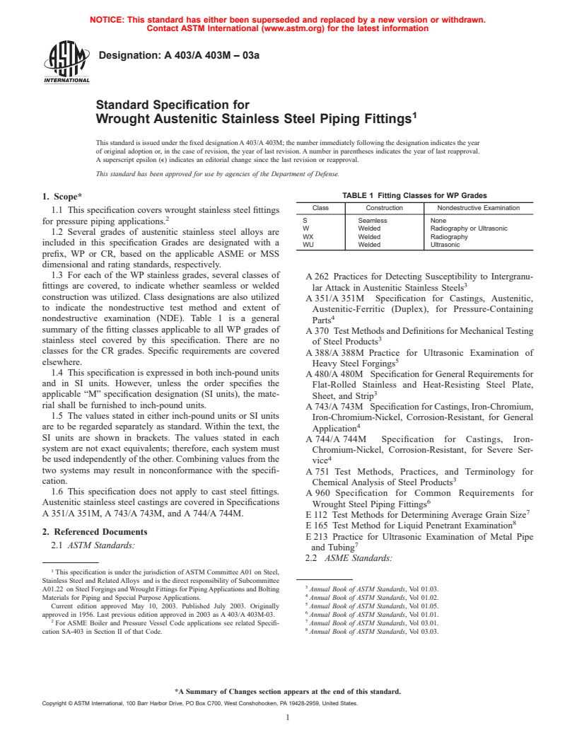 ASTM A403/A403M-03a - Standard Specification for Wrought Austenitic Stainless Steel Piping Fittings