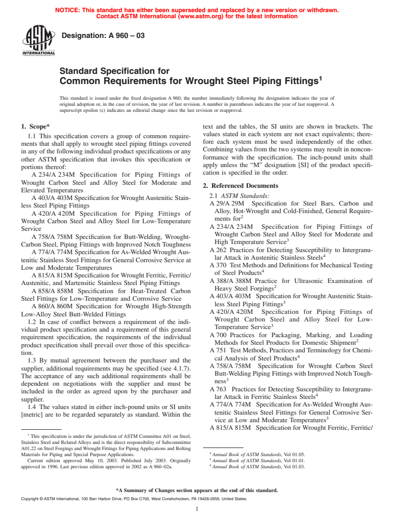 ASTM A960-03 - Standard Specification for Common Requirements for Wrought Steel Piping Fittings