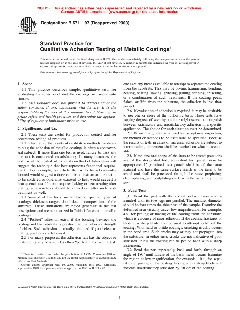 ASTM B571-97(2003) - Standard Practice for Qualitative Adhesion Testing of Metallic Coatings