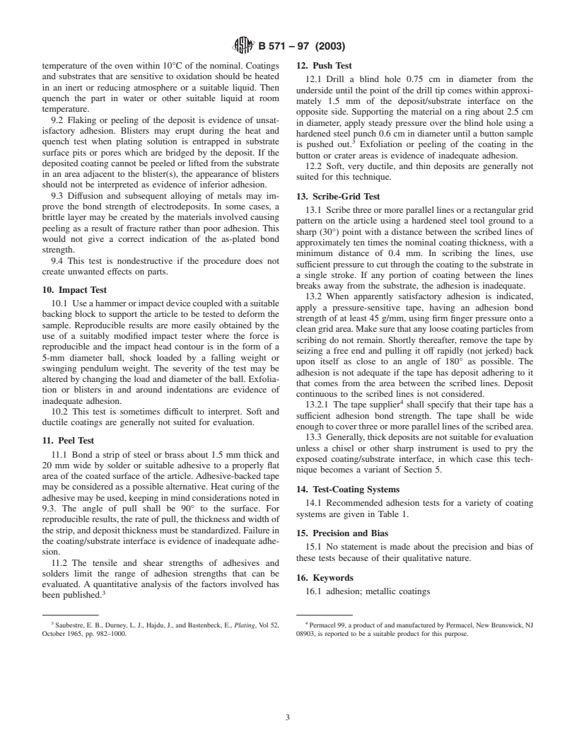 ASTM B571-97(2003) - Standard Practice for Qualitative Adhesion Testing of Metallic Coatings