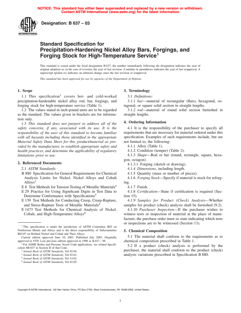 ASTM B637-03 - Standard Specification for Precipitation-Hardening Nickel Alloy Bars, Forgings, and Forging Stock for High-Temperature Service