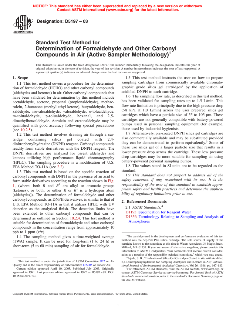 ASTM D5197-03 - Standard Test Method for Determination of Formaldehyde and Other Carbonyl Compounds in Air (Active Sampler Methodology)