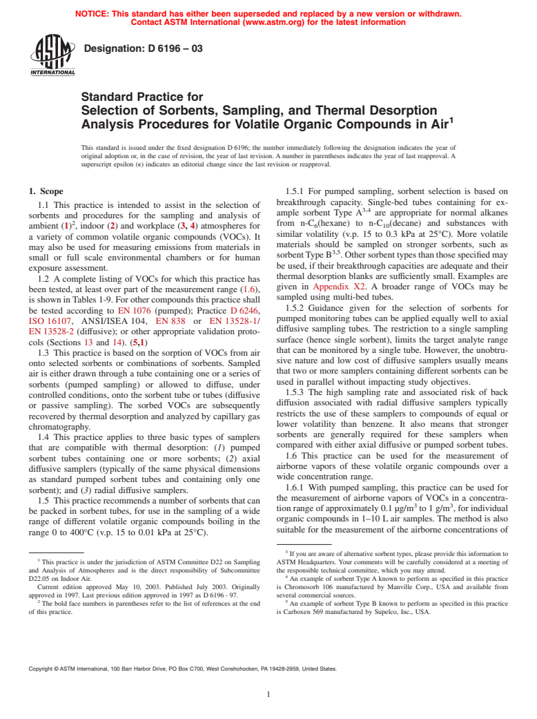 ASTM D6196-03 - Standard Practice for Selection of Sorbents, Sampling, and Thermal Desorption Analysis Procedures for Volatile Organic Compounds in Air