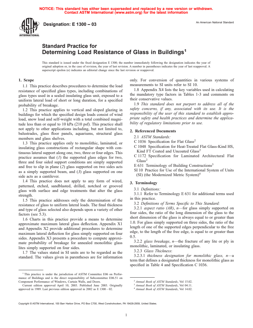 ASTM E1300-03 - Standard Practice for Determining Load Resistance of Glass in Buildings